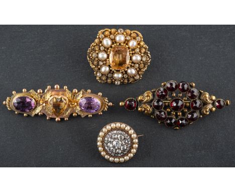 Four gemset brooches, including a diamond and seed pearl cluster brooch; a Victorian, 9ct gold amethyst and citrine brooch; a