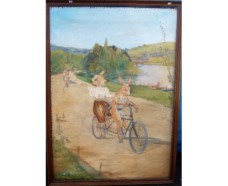 20th century school - Hares in tandem, mixed media on canvas, 170 x 120cm
