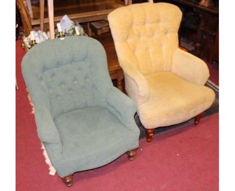 A Victorian button back upholstered tub armchair raised on turned forelegs, width 70cm, together with a contemporary buttoned