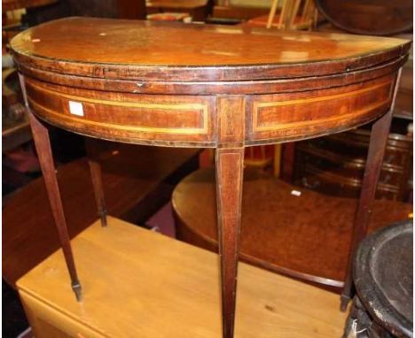 A 19th century and inlaid demi-lune fold-over baize lined card table, w.91cm