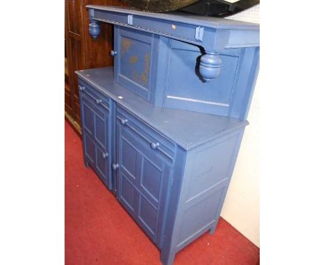 An oak and later blue painted court cupboard, width 141cmCondition report: Some small areas of paint loss only.Ring mark to l
