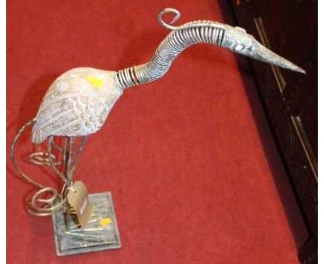 A contemporary wired metal and carved soft wood model of a crane, height 66cm