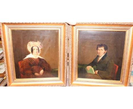 19th century English school - Pair; Three-quarter length portrait studies, oil on board, 26 x 23cm 