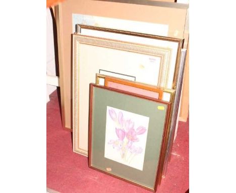 Assorted pictures and prints, to include botanical and portrait reproduction examples; together with a framed tile panel 