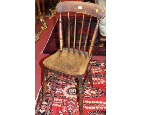 A set of three early 20th century elm seat and beech stickback kitchen chairs, together with a further near pair of stick bac