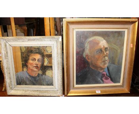 Winifred Billingham - Self portrait, oil on mill board, 30 x 28cm; and one other by the artist (2)