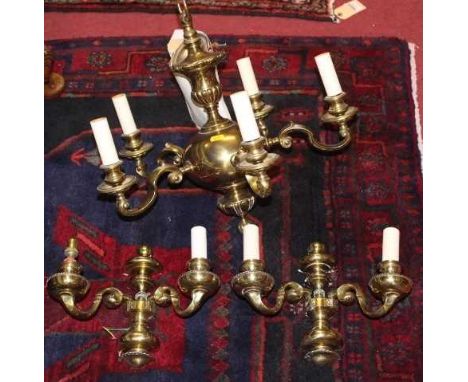 A Dutch style brass 6-branch hanging ceiling light, and a pair of twin branch wall lights (3)Condition report: All pieces are