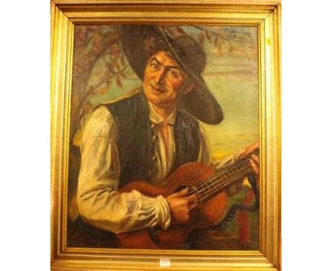 Early 20th century continental school - Portrait of a street musician, oil on canvas, indistinctly signed and dated April 192