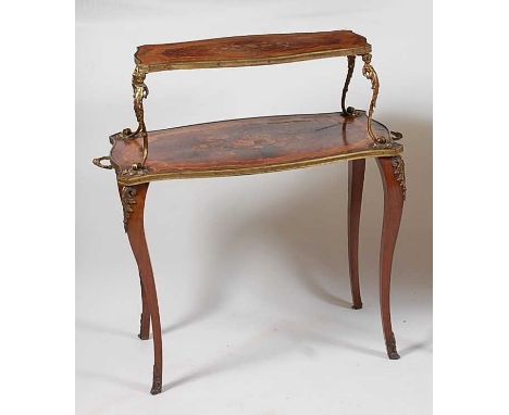 A late 19th century French kingwood and marquetry inlaid two-tier etagere having gilt metal mounts, each tier being four-quar