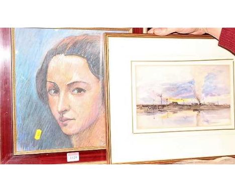 H.G. Moon - Industrial landscape, watercolour; one other; and a pastel portrait (3)