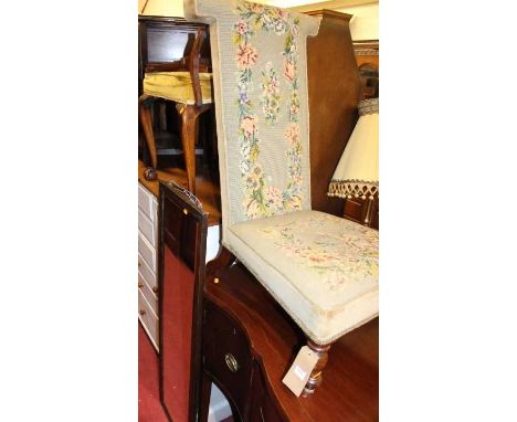 A Victorian tapestry upholstered prie deux, together with an early 20th century dressing stool, a shield shaped dressing mirr