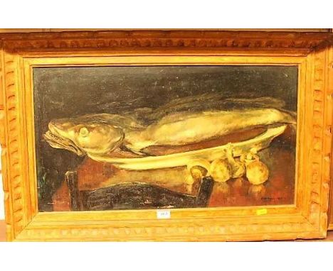 Circa 1900 French school - Fish supper, oil on panel, indistinctly signed lower right, 34 x 62cmCondition report: Some marks 