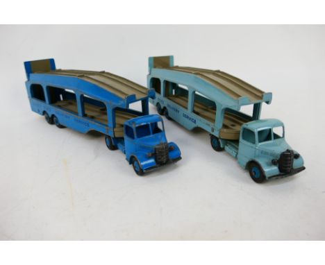 Dinky - 2 x Bedford Pullmore car transporters, one in light blue with grey decks and one in the much rarer dark blue with gre