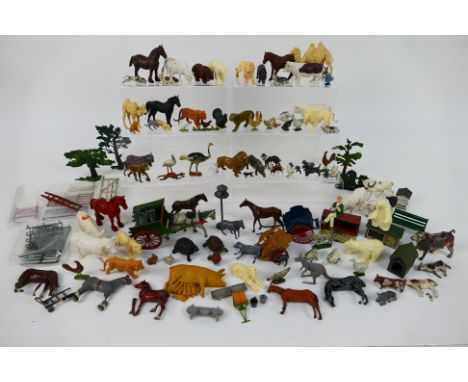Britains - Johillco - FGT - A collection of farm and zoo animals and accessories including dogs, cows, a monkey, a tiger, a h