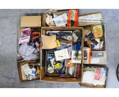 A miscellany of model railway parts and accessories covering a variety of gauges, which includes decals, ephemera, tools, sce