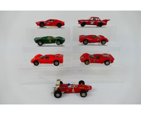 Scalextric - A group of 7 x slot cars including Ferrari GTO, BMW CSL, Ferrari P4, Mirage-Ford and others. They show some sign