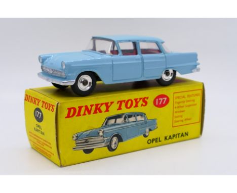 Dinky - A boxed Opel Kapitan saloon in light blue # 177. The model appears in Mint condition in a Very Good box. 