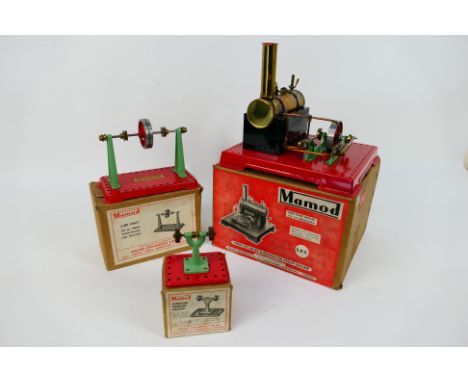 Mamod - A boxed Twin Cylinder Superheated Steam Engine # SE3 with a boxed Line Shaft and a boxed Grinding Machine. All appear