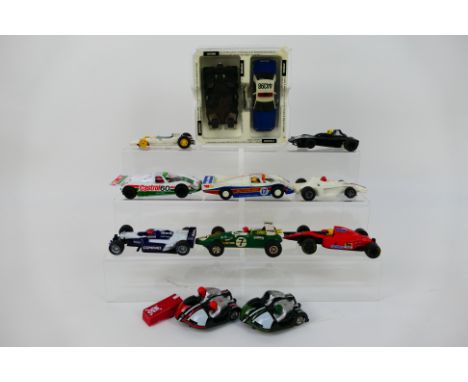 Scalextric - 12 x unboxed slot cars including 2 x motorcycle and side cars, Jaguar Le Mans car, Lotus Indianapolis, Batmobile