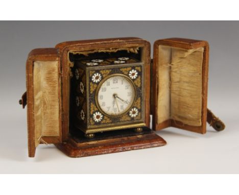 A Zenith miniature travel alarm clock, early 20th century, the floral cloisonné case enclosing the 4cm dial applied with Arab