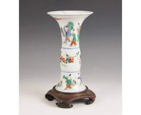 A Chinese porcelain Wucai Gu Transitional style vase, the flared sleeve shaped vase decorated to the exterior in a Wucai pale