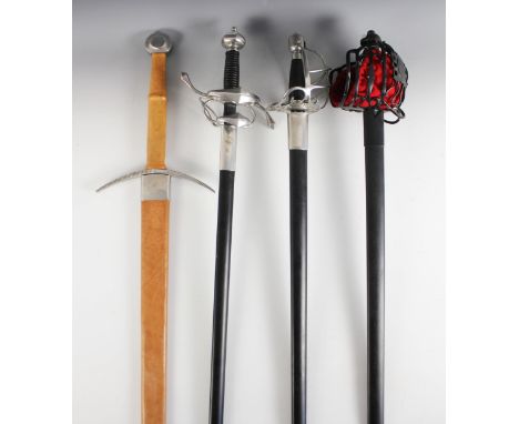 Four modern re-enactment swords, comprising a two handed broadsword, 112cm long overall, a rapier type sword with double ring