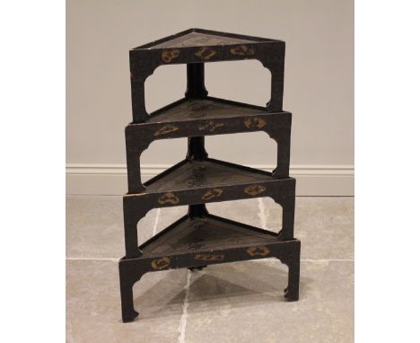 A Japanese black lacquer freestanding corner shelf, Meiji period, late 19th/early 20th century, constructed from four graduat