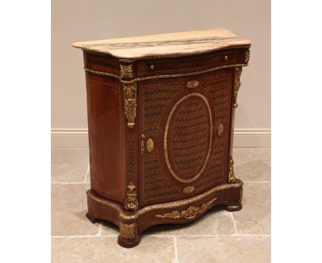 A Louis XVI revival marble top serpentine kingwood side cabinet, mid 20th century, the moulded marble top above a single frie