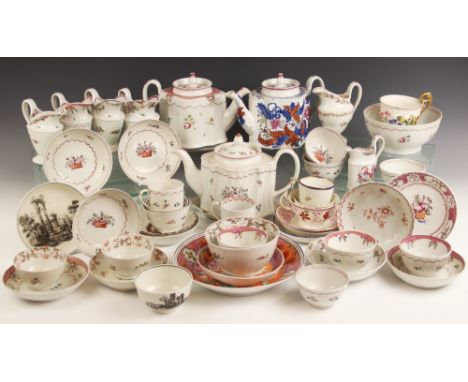 A quantity of 18th century Newhall porcelain tea wares, to include a tobacco leaf pattern commode shaped tea pot, pattern 'No