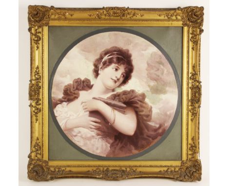 English school (early 20th century),An Edwardian sepia effect portrait of a lady clasping a book with clouds beyond, set with