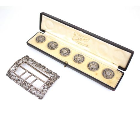 A cased set of six Art Nouveau silver dress buttons, William Neale &amp; Sons, Chester 1900, each of circular form with Green