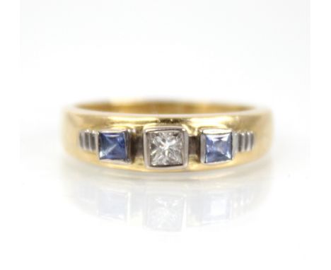 A Clogau diamond, sapphire 18ct gold ring, the central princess cut diamond weighing approximately 0.20 carats, with a square