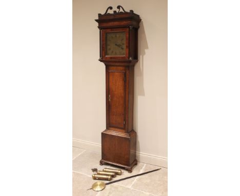 A George III and later oak cased longcase clock, the flat top hood with fretwork pediment over two fluted pilasters flanking 