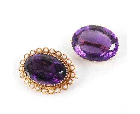 A 19th century continental amethyst and pearl brooch, the central oval mixed cut amethyst measuring 26mm x 18mm, with a petal