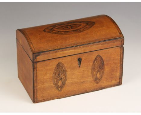 A George III mahogany domed caddy, the hinged cover centred with an inlaid oval enclosing moth detail, opening to a vacant in