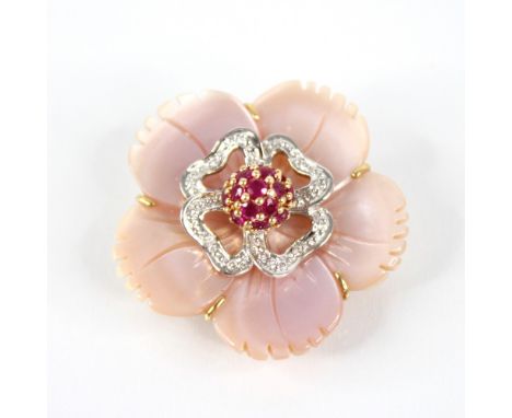 A ruby, diamond and pink shell 18ct gold pendant brooch, designed as a central ruby set cluster, upon a pierced white metal f