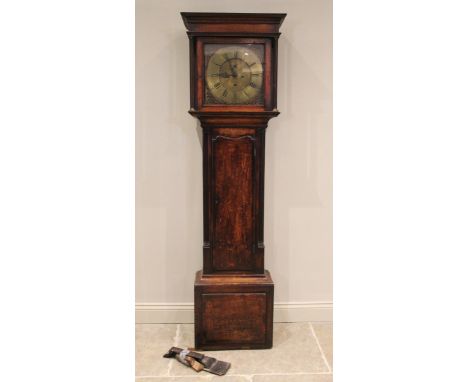 A George III oak and mahogany cross banded eight day longcase clock, signed J Kitchen, Nantwich, the flat top hood with flute