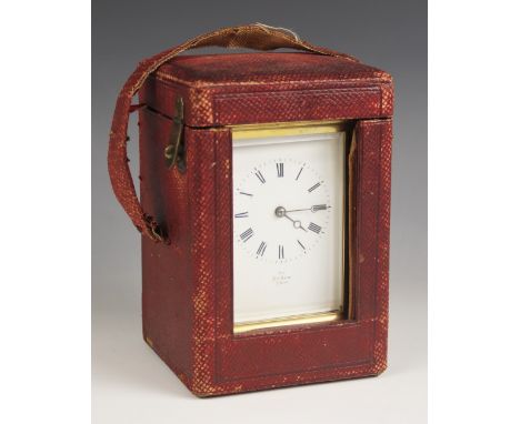 A brass cased carriage clock, by Henry Marc Paris, late 19th/early 20th century, the bevelled glass and lacquered brass case 