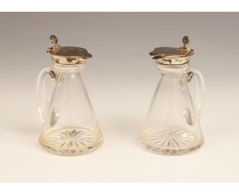 A pair of George V cut glass silver mounted whiskey noggin, Hukin & Heath, Birmingham 1915, each tapering glass body with sta