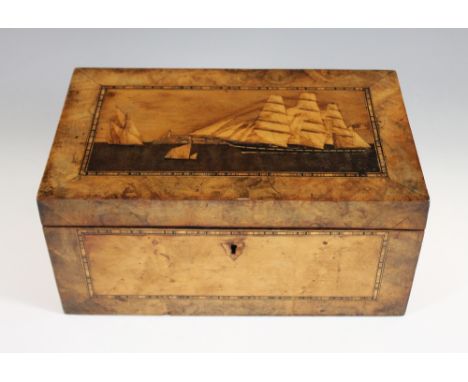 A Trinity House marquetry tea caddy, third quarter 19th century, the rectangular figured walnut box with a marquetry panel to