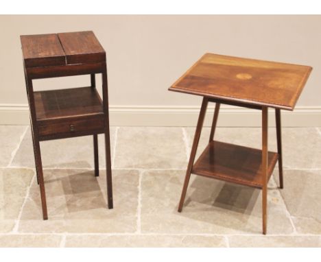 A George III mahogany wash stand, the hinged cover opening to three circular apertures, above a lower shelf with a single fri