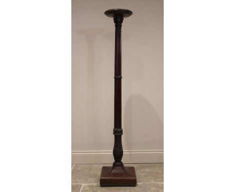 A 19th century mahogany torchere/standard lamp, the circular rimmed top raised upon a cluster column and acanthus pedestal, e