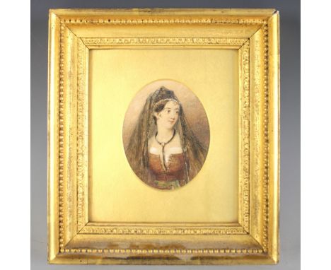Continental school (19th century),  An oval portrait miniature depicting a young lady in jewelled headdress with black veil, 