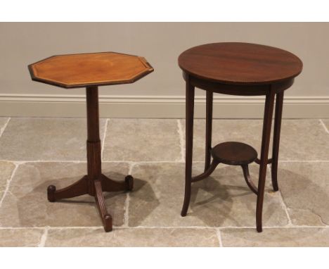 An Edwardian mahogany and inlaid occasional table, the circular top with chequered rim raised upon tapering legs of square se