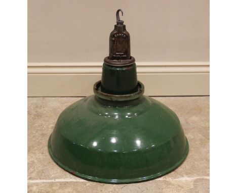An industrial enamelled light shade, mid 20th century, the iron hanging bracket stamped 'Earth patent Overlamp' above the bow