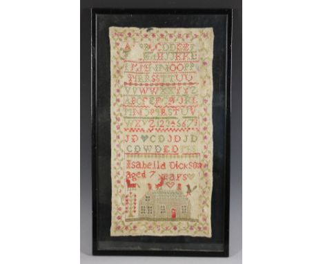 A band sampler 19th century, by Isabella Dickson, aged 7 years, worked with red, green and brown threads with alphabetical se