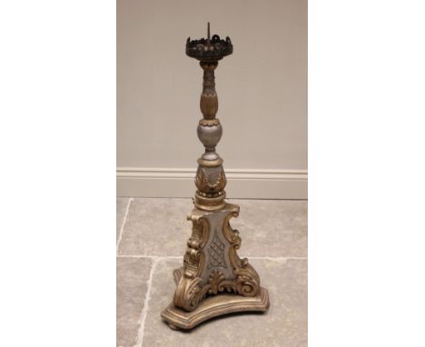 A giltwood and gesso Baroque style pricket candlestick, late 19th/early 20th century, of lobed acanthus and baluster form, up