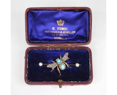 A Victorian diamond, turquoise, opal and pearl bee brooch, the abdomen set with a turquoise cabochon, the thorax set with a t