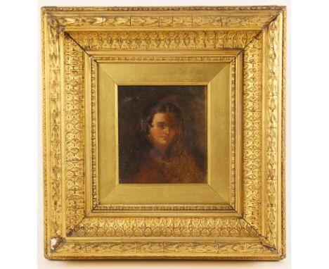 English school (19th century),Portrait of a girl with a flower in her hair,Oil on panel,Unsigned,13.5cm x 12.5cm,Framed and g
