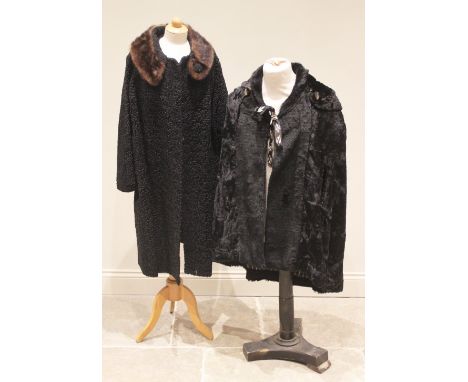 A mid 20th century black astrakhan type faux fur coat, with interior label for 'Astra Furs, Paris' with brown mink fur collar